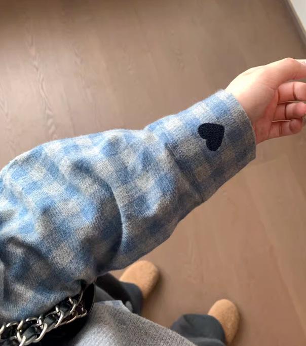 Blauw Ruitjes Hart Geborduurd Dik Katoen Lange Mouwen Shirt - Nieuwe Winter Collectie