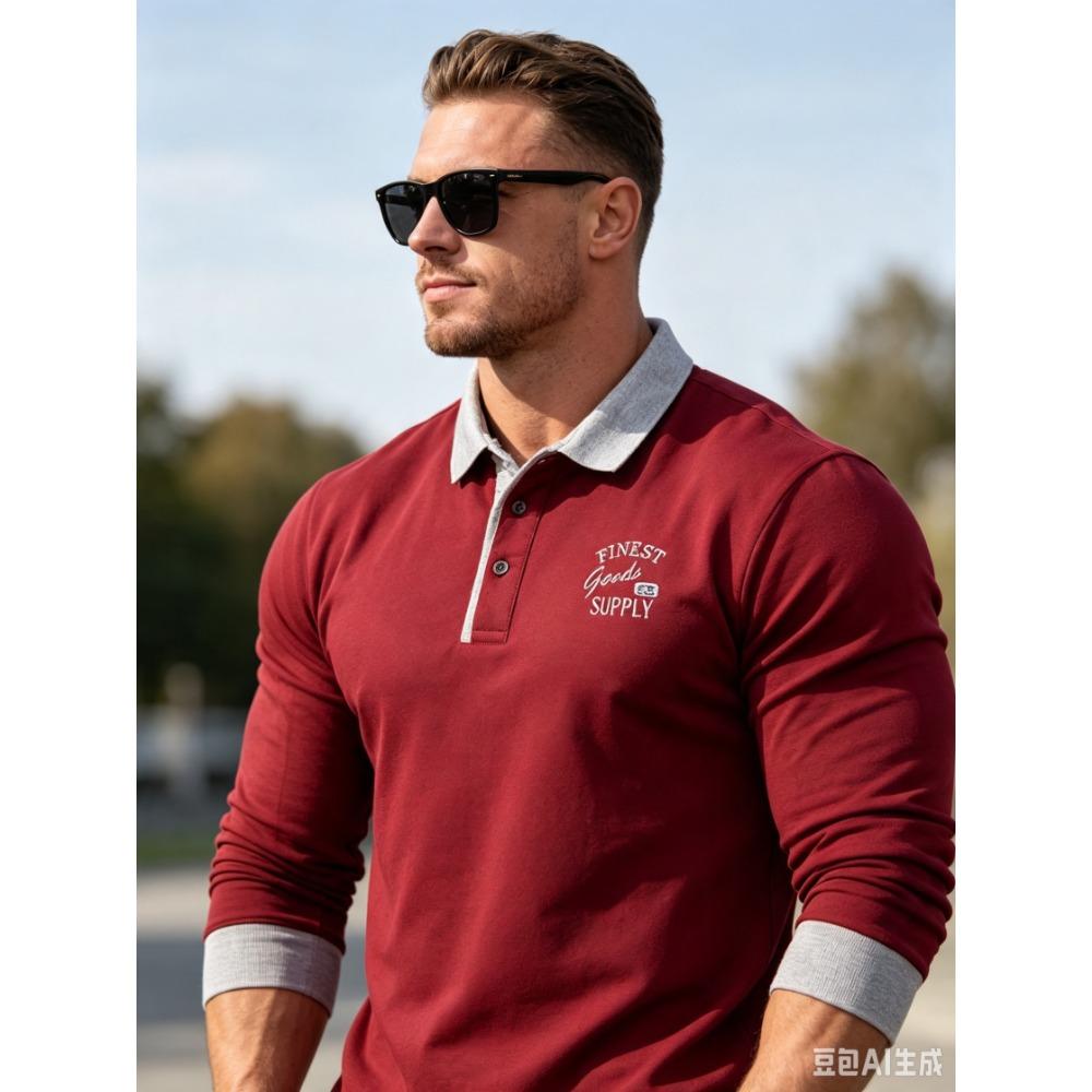 Men's Retro Color Block Long Sleeve Polo – Soft Touch Jersey Shirt with Contrast Cuffs & Vintage Logo – Smart Casual Business Wear