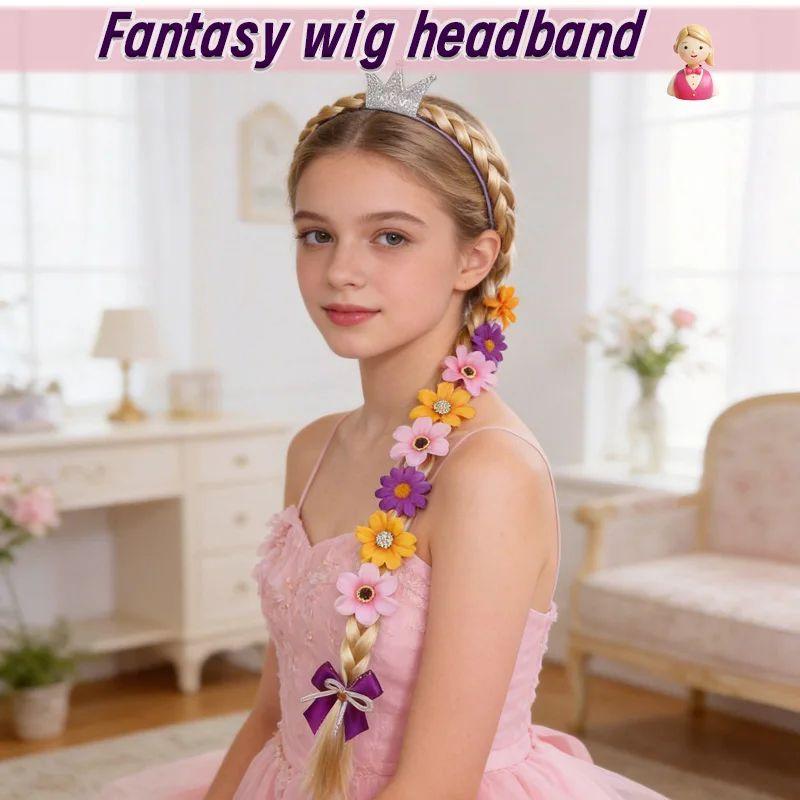 Girls Rapunzel Long Hair Princess Headwear Set Braided Crown Bow Accessories Dress Matching for Birthday DIY Party Supplies