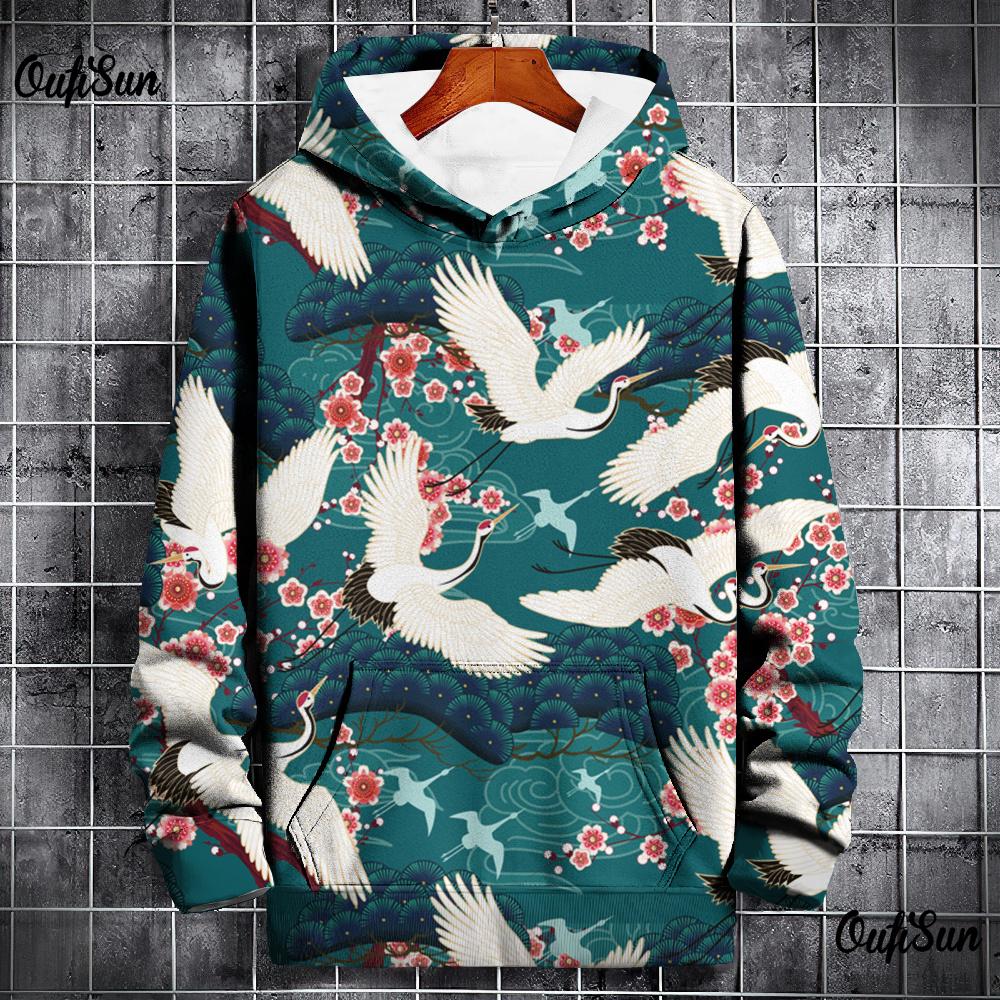 Animal Hoodies For Men 3d Crane Print High-Quality Men Clothing Daily Casual Long Sleeved Loose Oversized Pullover Harajuku Tops
