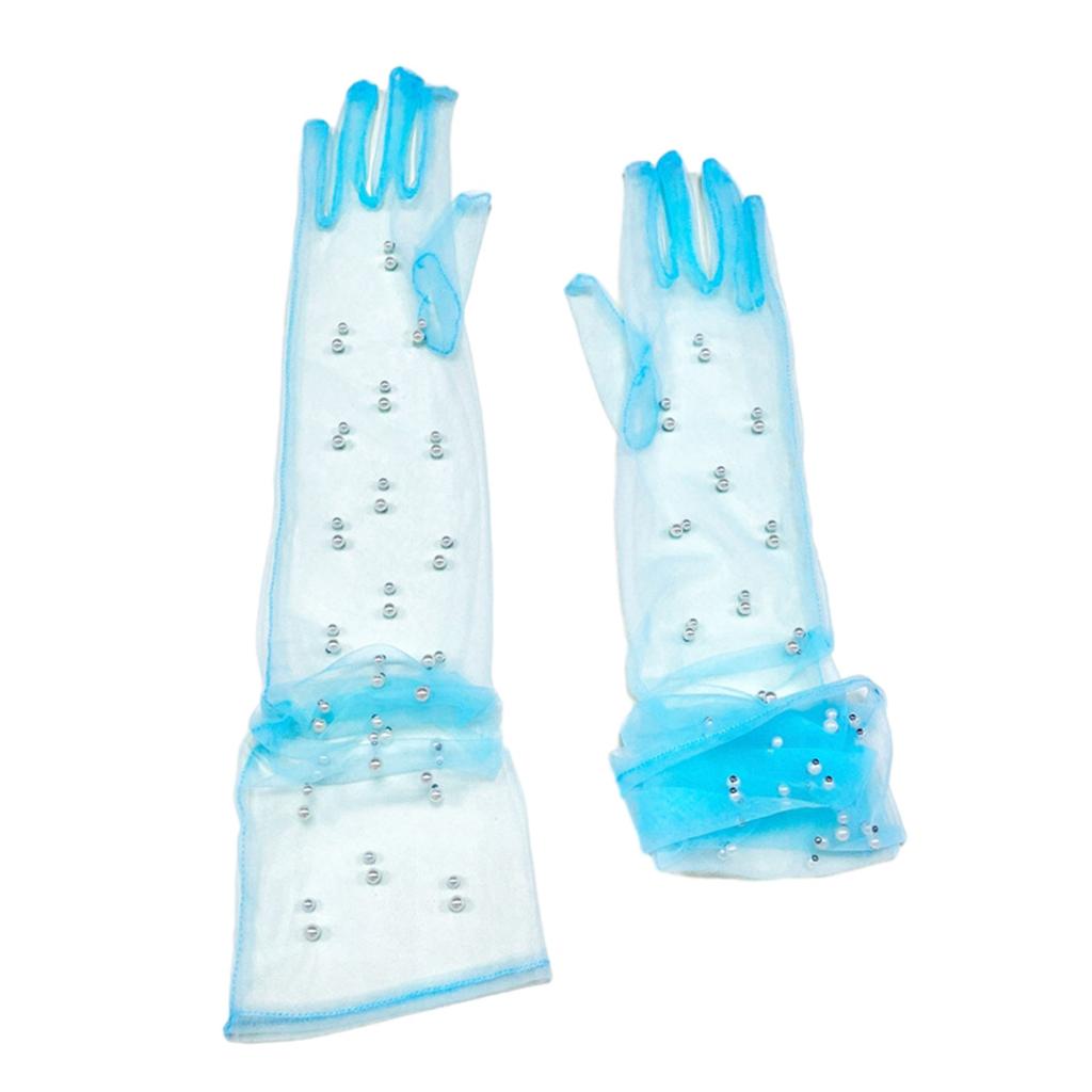 Wedding Tulle Gloves Pearls Studded Full Finger Gloves Elbow Length Gloves for Wedding Engagement Bachelorette Party
