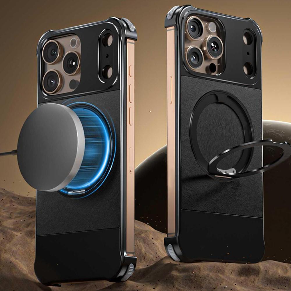 For iPhone 14 Pro Max Magnetic Case with Kickstand Borderless PU+Metal Drop Proof Phone Back Cover