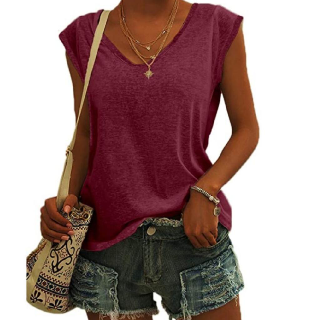 Women's Fashion Solid Color Cap Sleeve V Neck Casual Loose Short Sleeve T-Shirt Top