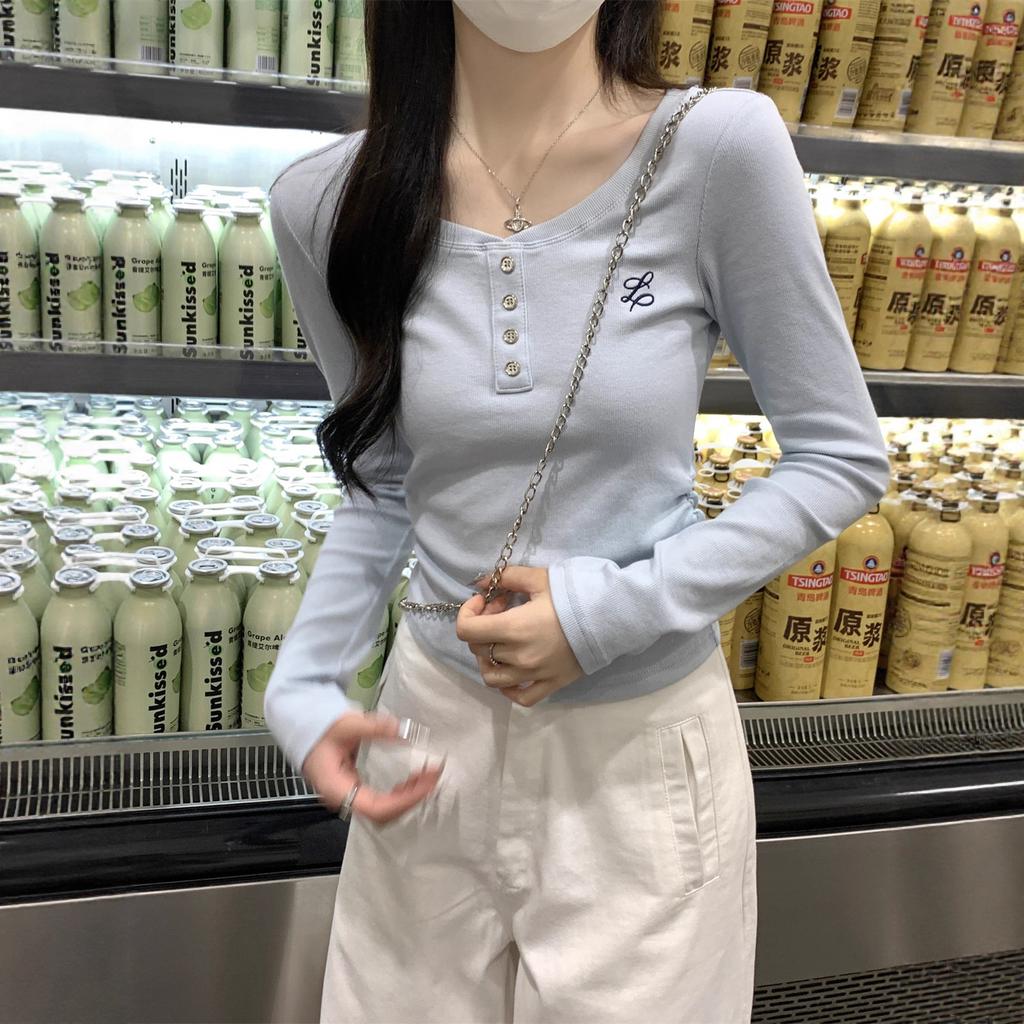 Women's Long Sleeved T-shirt Top Autumn Shoulder Embroidered Button T-shirt Long Sleeved Base Shirt