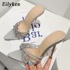 Fashion Eilyken Sexy High Heels Slipper Women Summer Fashion CRYSTAL Narrow Band Pointed Toe Slides Stripper Party Sandal Mule Shoes