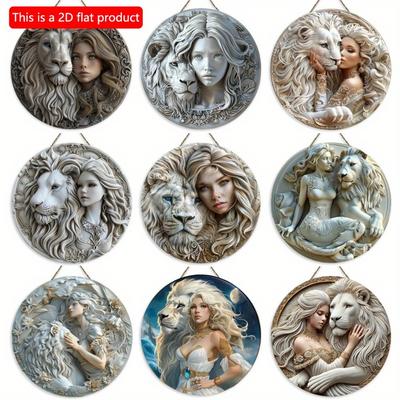 1pc Panneau Plat 2D Thème Lion Blanc et Femme, Panneau Rond en Bois - 20cm, Convient pour la Maison, le Café, le Restaurant, Décoration de Salon, Cadeau de Fête
