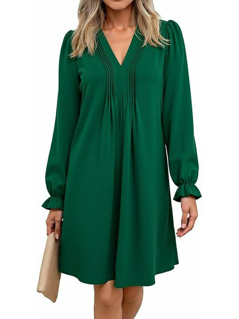 2026 Fashionable V-neck A-line Midi Dress with Ruffled Sleeves and Flowy Pleated Skirt S зелёный