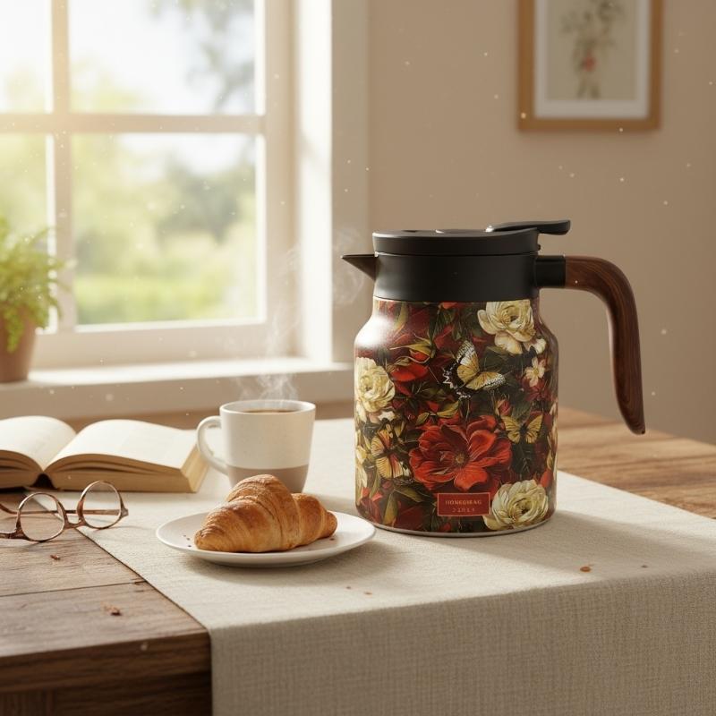 Premium Thermal Florals Teapot 1000ml Removable Infuser Stainless Steels Body And Ergonomic Wooden Handle Teas Kettle