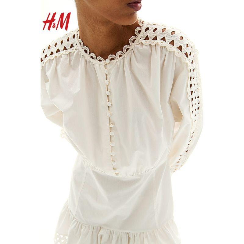 

HM Women clothes 2025 Summer New Lantern Sleeve Embroidery Details Poplin Dress 1268160 White 170/116(XL)