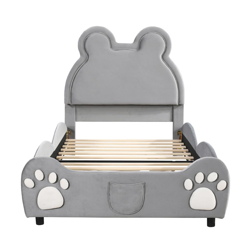 Upholstered Bed Beautiful Children's Bed, 90 x 200 cm, Bear Shape. Single Bed made of Skin-Friendly Velour, Grey