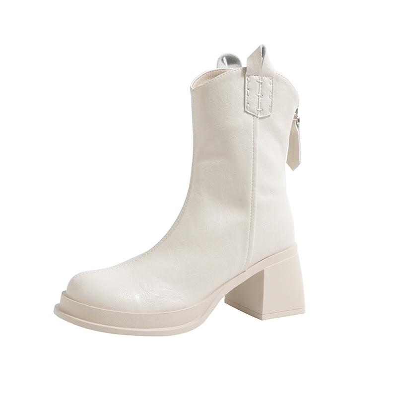 2025 autumn and winter new white thick-heeled short boots women's leather versatile thick-soled British Martin boots high-heeled thin boots