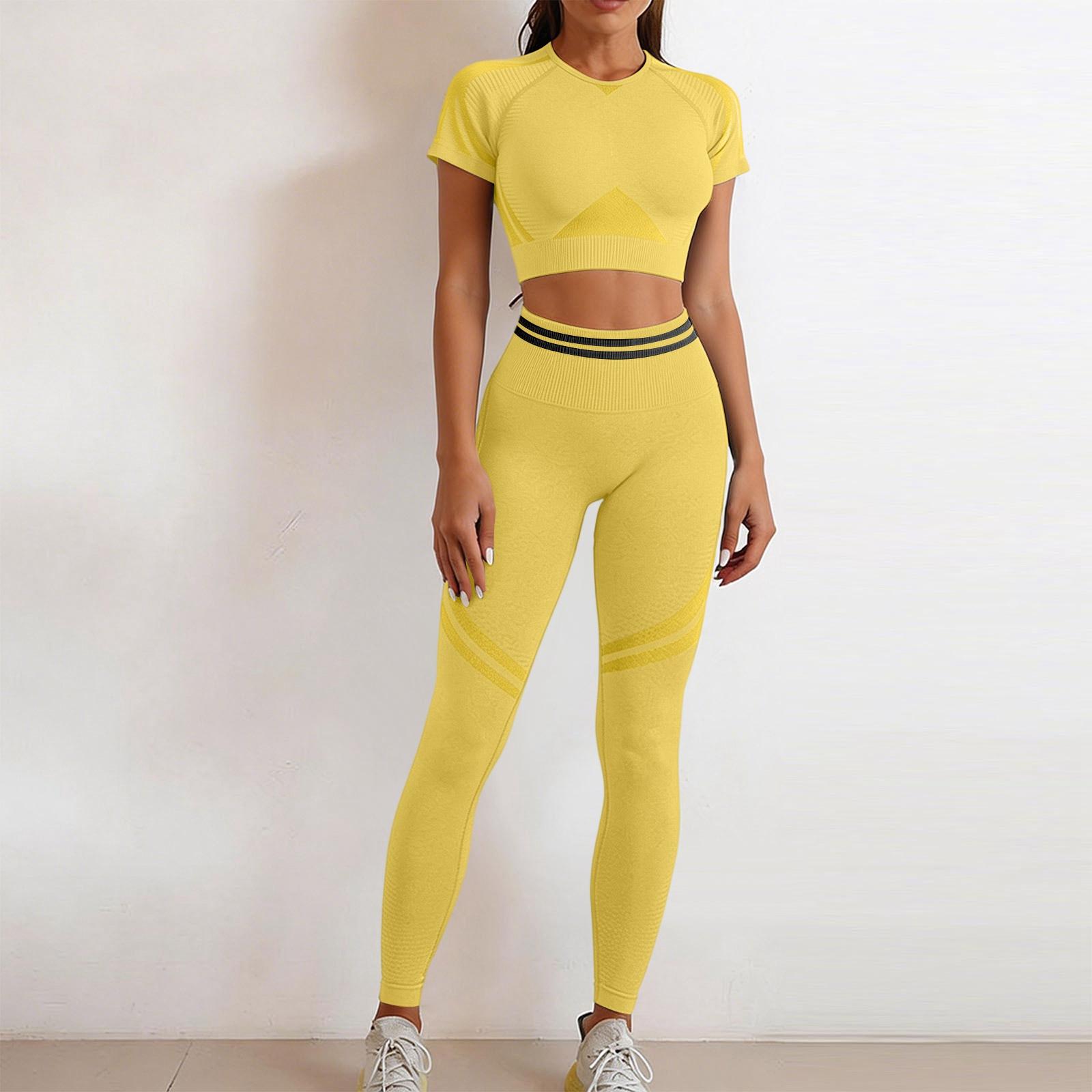 

Женский Повседневный Новый Комплект для Фитнеса, Йоги: Быстросохнущая Спортивная Одежда для Бега, Йоги, с Короткой Рукавой и Длинными Штанами S жёлтый