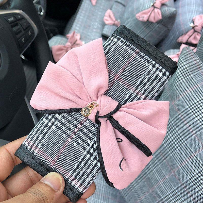 Bows Plaid Car Safety Belt Shoulder Pad Cover Handbrake Sleeve Gear Cover Rear View Mirror Cover Car Interior Decoration Suit Women