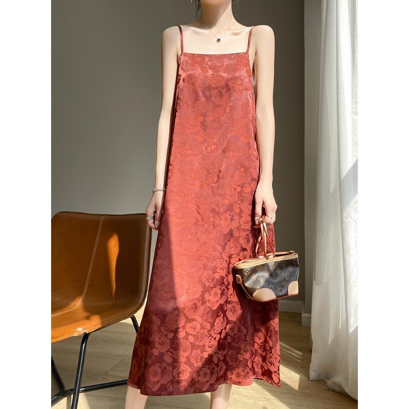 Silky Satin One-length Neck Suspender Skirt for Women In Summer Fashion Versatile Midi Dress Dark Flower Sexy Long Skirt