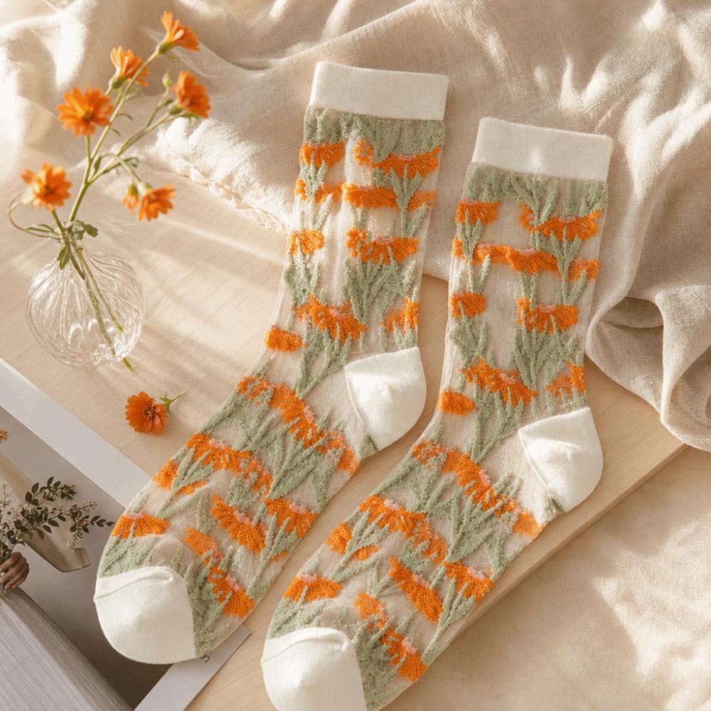 Crystal Silk Floral Embroidery Socks Ultra-Thin Nylon Long Socks Chic Mid-Tube Socks Cosplay