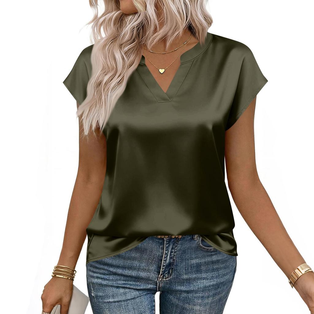 Damesblouse van satijn: Zomershirt met V-hals, losvallende casual top