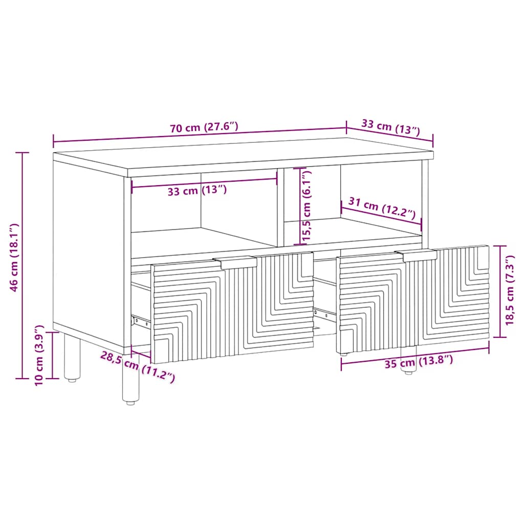 TV Stand In Brown 70 X 33 X 46 Cm Solid Mango Wood