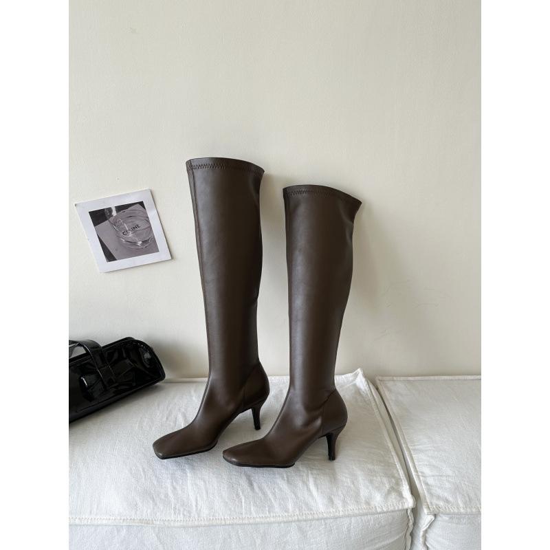 

Европейский и американский стиль квадратный носок выглядящие стройнящими ботфорты на высоком тонком каблуке 39 темно-коричневого