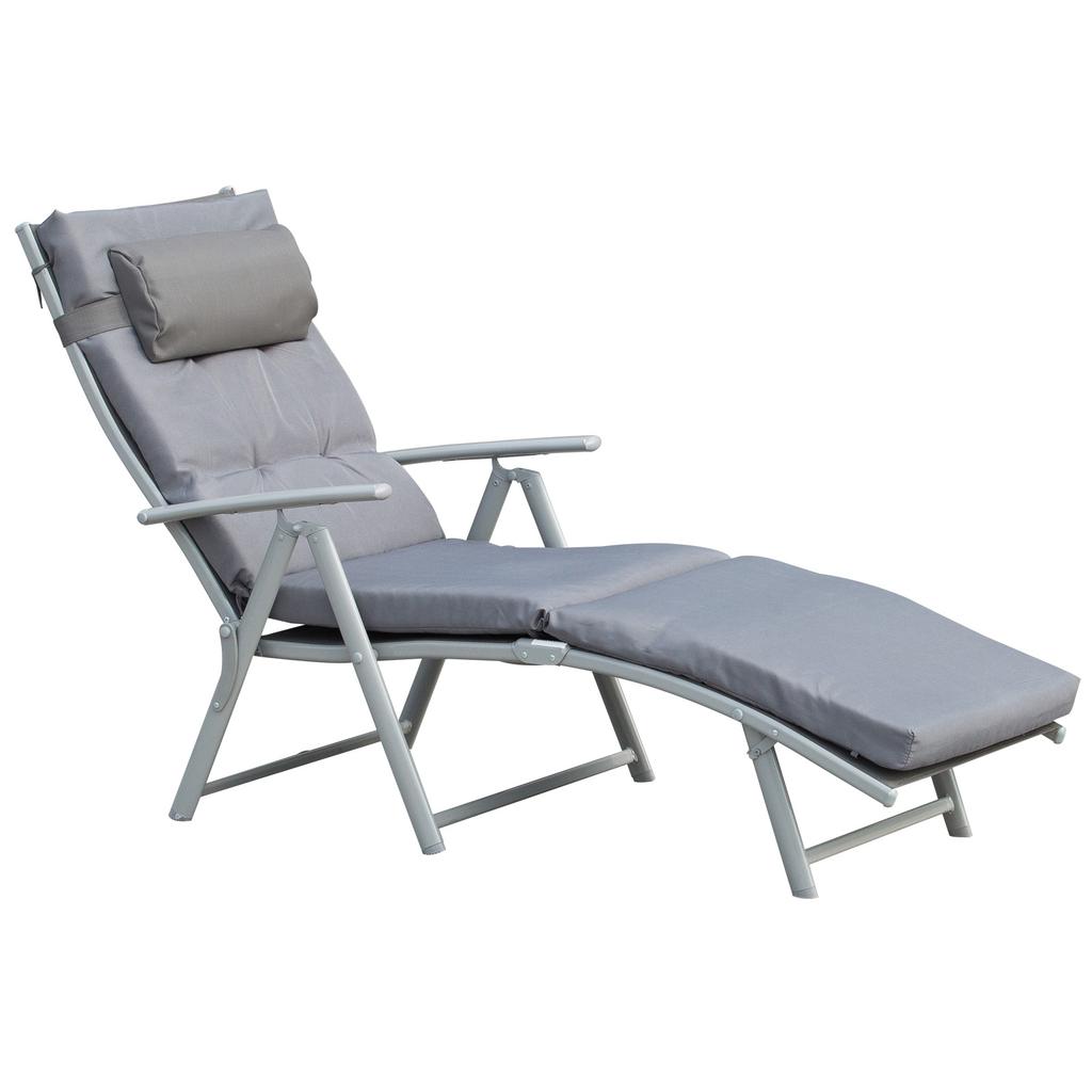 Patio Sun Lounger Garden Textilene Foldable Reclining Chair Adjustable Recliner with Cushion Pillow - Grey