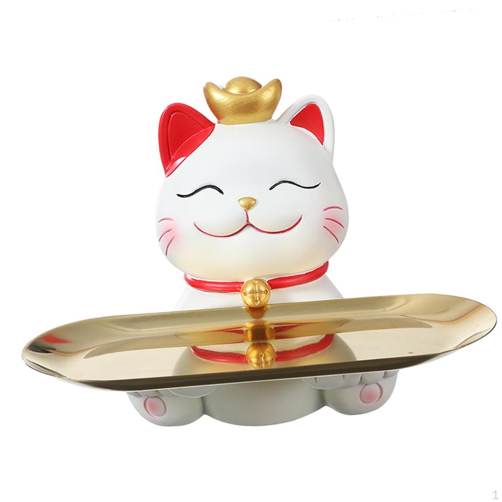 Cat Statue Desktop Organizer Animal Sculpture Jewelry Trinket Tray Key for Entryway Table