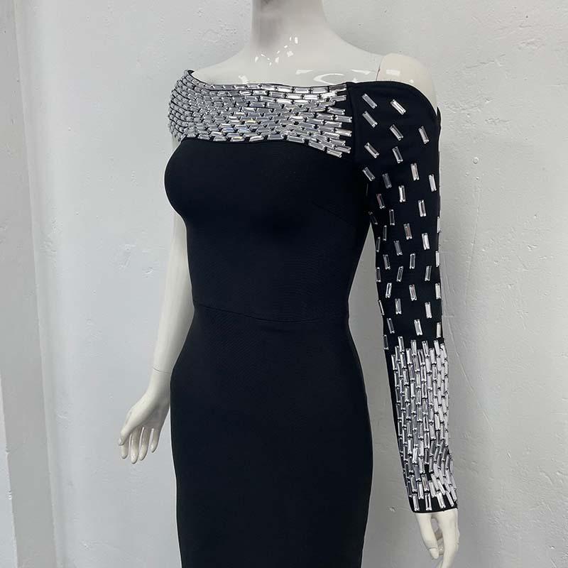 Rochie Bodycon Bandaj Europeană & Americană cu Strass-uri, pe un umăr