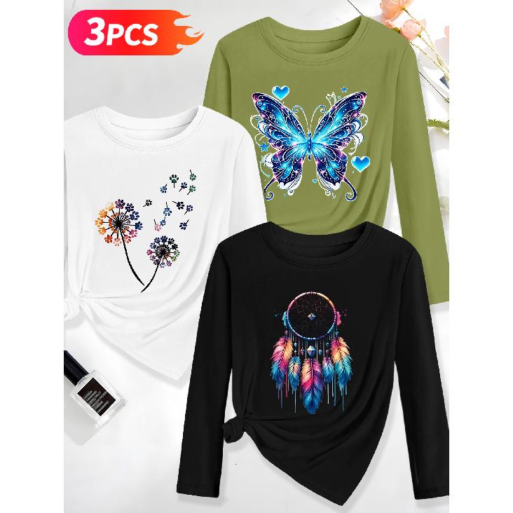 Holiday clothing Three-piece elegant long-sleeve outfit for women Butterfly Shadow Dreamcatcher Vintage Print Spring, Summer, Autumn Casual Elegant