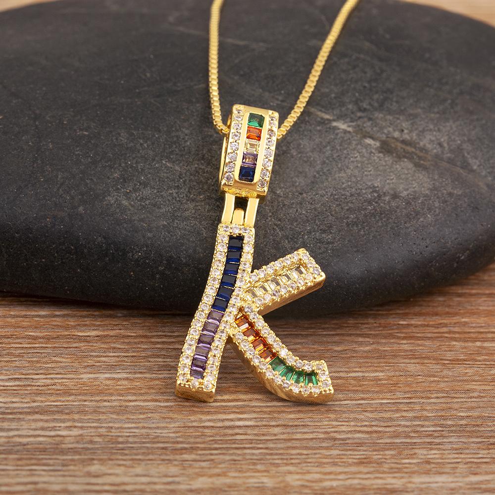 Nidin Simple Fashion 26 A-Z Letters Alphabet Rainbow Cubic Zirconia Pendant Necklace For Women Men Hip-Hop Style Copper Jewelry
