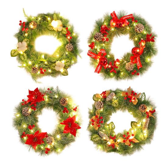 Pre-Lit Christmas Wreath for Front Door 12 Inches LED Lighted Artificial Christmas Wreath