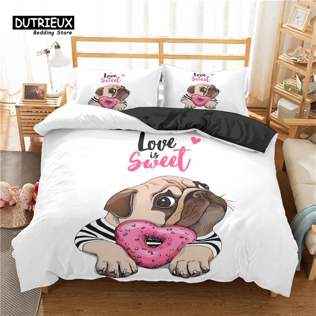 Modern Elegant Pug Pet Dog Polyester Funny Cartoon Animal Size For Kids Child Teens Decor Full King Comforter