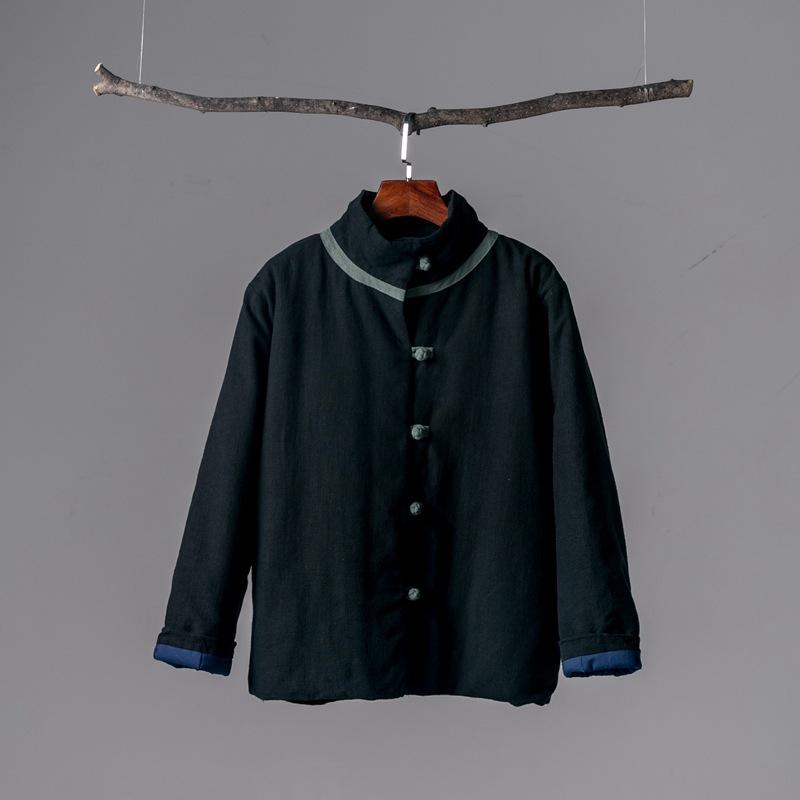 

Winter new retro buckle contrasting color stand-up collar sand wash linen top cotton-padded jacket women s short cotton-padded coat One Size чёрный