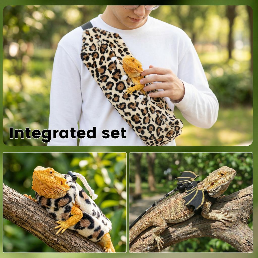 3 Piece Set Bearded Dragon Lizard Leash Harness Clothes Reptile Small Pet Backpack with Wings Adjustable Carrying Travel Bag