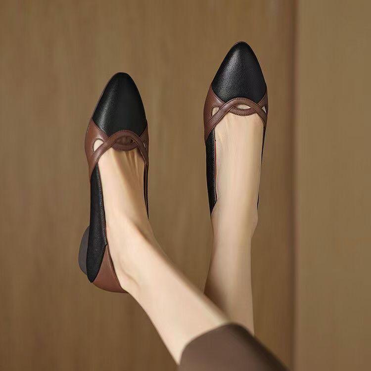 

Женские туфли на низком каблуке из мягкой кожи 2024 осень новые продукты универсальные ретро цветные легкий вырез не спадают, для работы на толстом каблуке s 35 чёрный