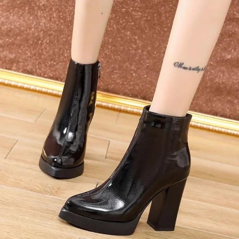 Fashion 2024 High Quality Shoes Female Slingbacks Women's Boots Autumn Pointed Toe Solid High Tube Block Heels Zipper Fashion Boots