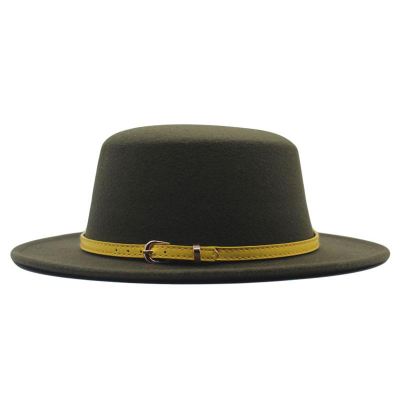 Hat Women's Woolen Top Hat Autumn and Winter Solid Color Retro Gentleman British Style Flat Top Belt Accessories Felt Hat
