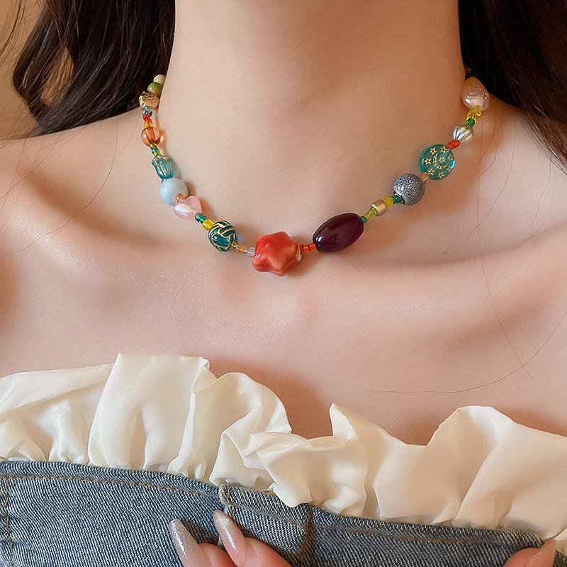 Summer dopamine stained glass crystal beaded necklace collarbone chain design sense niche item decoration