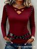 Women V Neck Crisscross Cutout Long Sleeve Top Eyelet Belt Decor Slim Fit Casual T Shirt Blouse