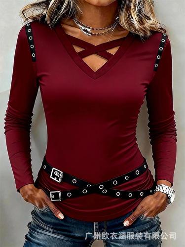 Women V Neck Crisscross Cutout Long Sleeve Top Eyelet Belt Decor Slim Fit Casual T Shirt Blouse