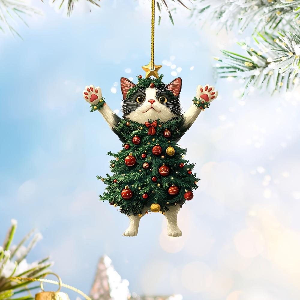Acrylic flat 2D cute kitten pendant dressed as a Christmas tree can be used for bags,keychains, rearview mirrors Christmas trees and other decorations