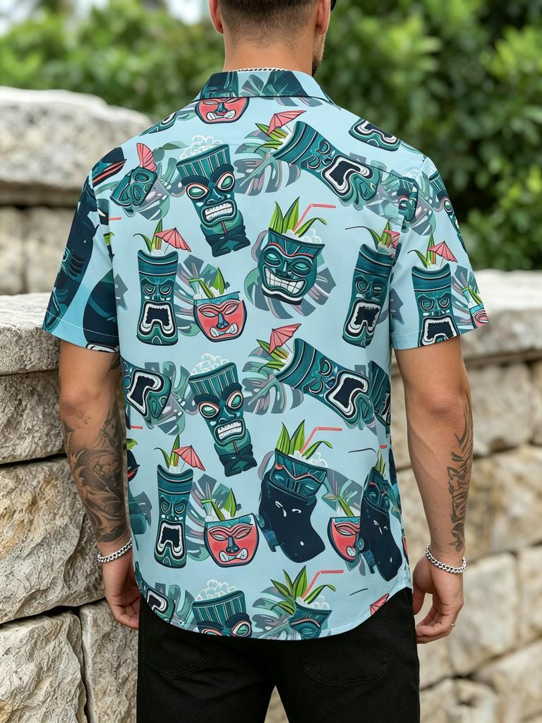 [Print Design - Not Texture] Men'S Short Sleeve Shirt - Flat Digital Print Pattern - No Texture - Summer Drink And Tropical Style, Fashionable Easy