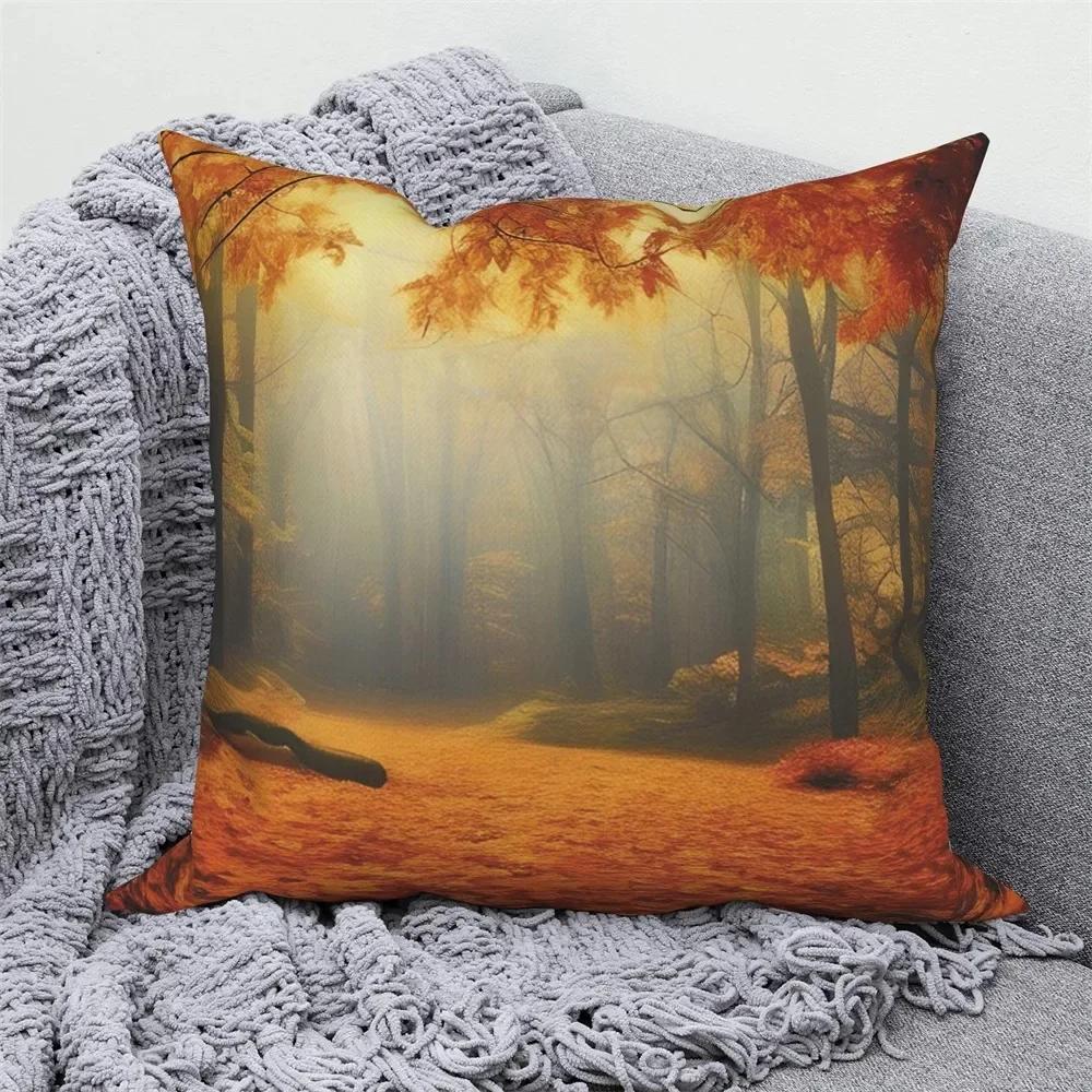 Autumn Scenery Home Decoration Cushion Cover Autumn Leaf Forest Print Sofa Decoration Pillow Cover
