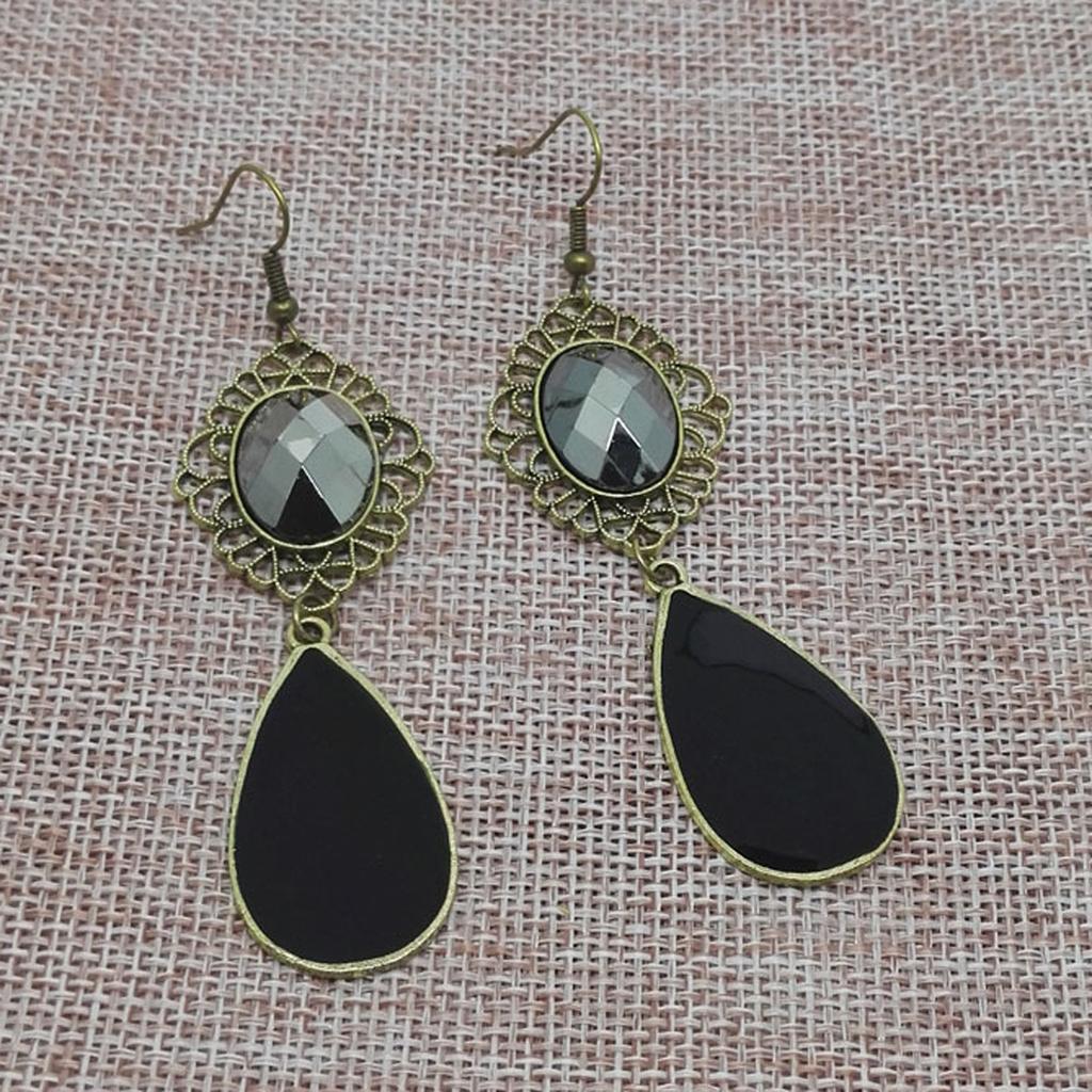 Women Fashion Bohemian Retro Water Drop Cut Out Flower Gemstone Earrings