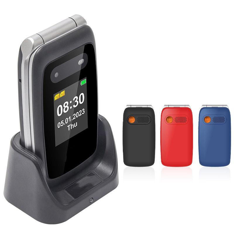 V202T Dual Screen Flip Phone Large Buttons 1450mAh Emergency Call Flashlight Dual SIM Card Bluetooth 4G Mobile Phone