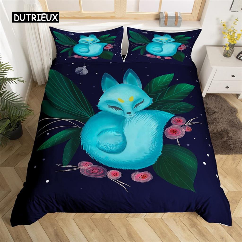 

Пододеяльник с рисунком лисы для девочек, кавайный чехол для одеяла с животными, микрофибра, лесные животные, комплект постельного белья Twin Queen для детей и взрослых US Queen(228x228cm)