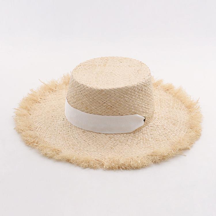 Spring and summer new raffia tether flat top large brim rough edge straw hat outdoor travel beach sun protection light