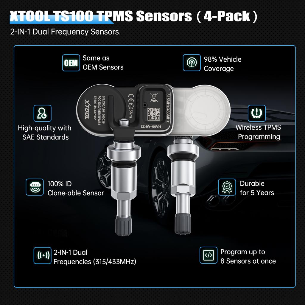 Sensor 2-i-1 315MHz 433MHz TPMS-sensor Dekkreparasjonverktøy TPMS-skanner Trykkmonitor Tester Fungerer på TP150 IP819TP
