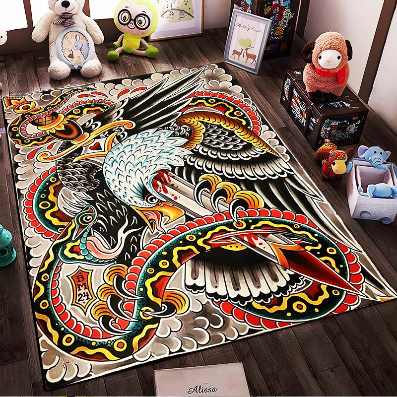 Bold Eagle and Snake Tattoo Style Carpet with Vibrant Colors and Patterns Suitable for Use As an Anti-slip for Living Room Bedroom Sofas