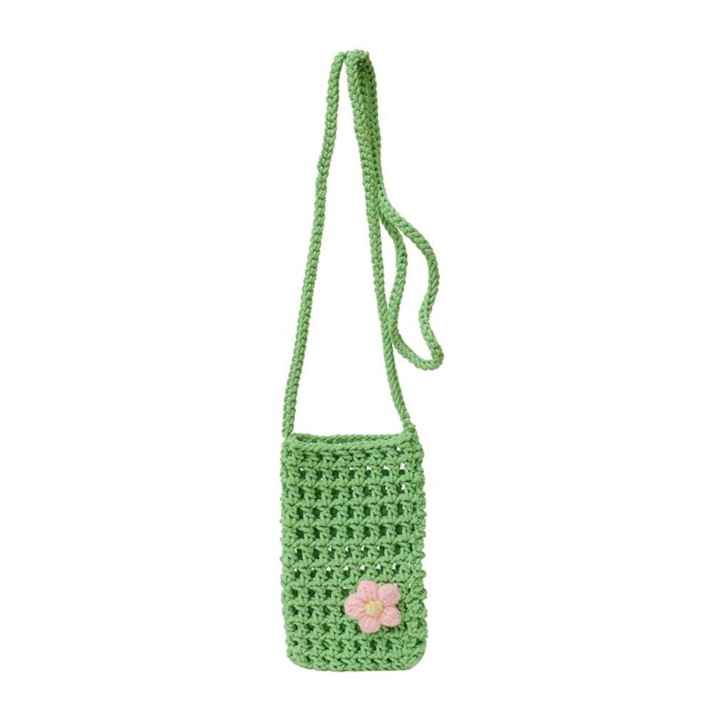 Sweet Flower Weaving Crossbody Bag Hollow Square Crochet Phone Bag Solid Handmade Knitted Messenger Bag Outdoor