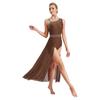Womens Lyrical Dance Costume Glittery Rhinestones Asymmetrical Shoulder Sleeveless Split Sheer Mesh Dress