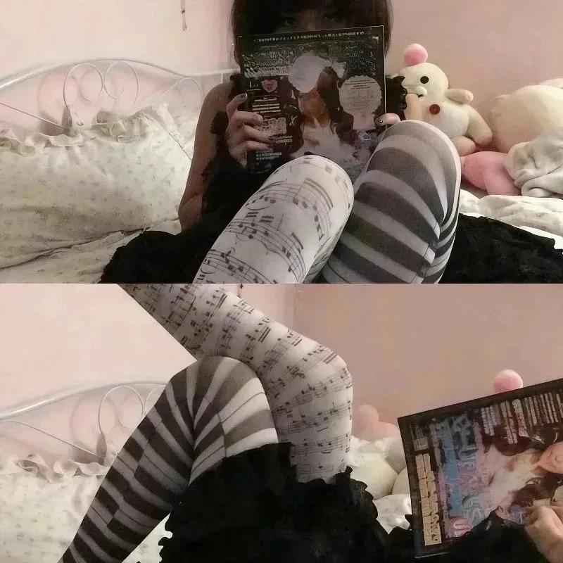 2000S Emo Style Tights Y2K Themed White Leggings with Piano Note Prints Harajuku Style Tights Cute Cosplay Socks