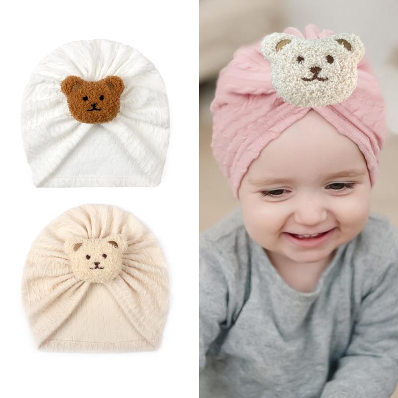 Solid Turban Hat Baby Beanies Caps Headwrap with Cute Bear Charm for 0-2 Years Baby Girls Infants Toddlers Pullover Hat